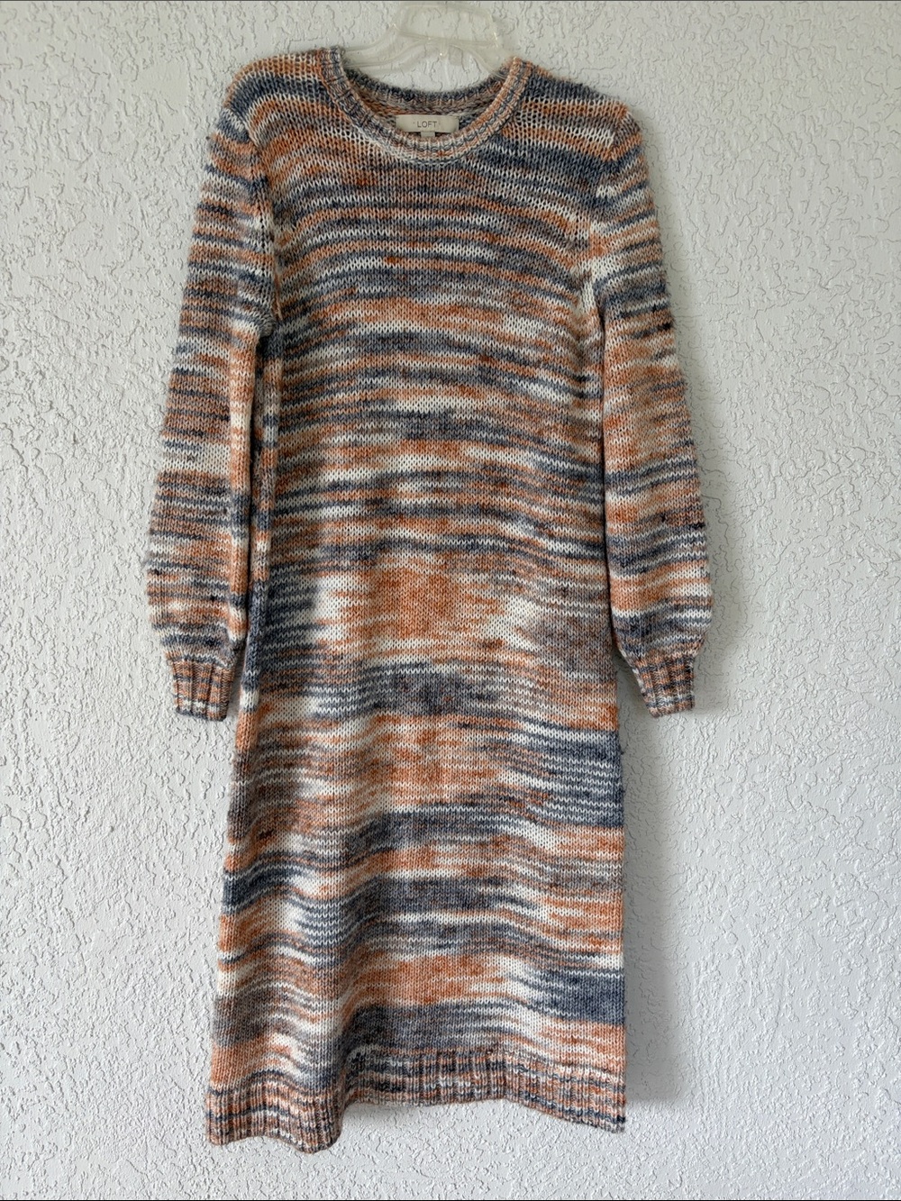 LOFT Long-Sleeve Striped Knit midi  Dress in Cream, Tan & Gray size M